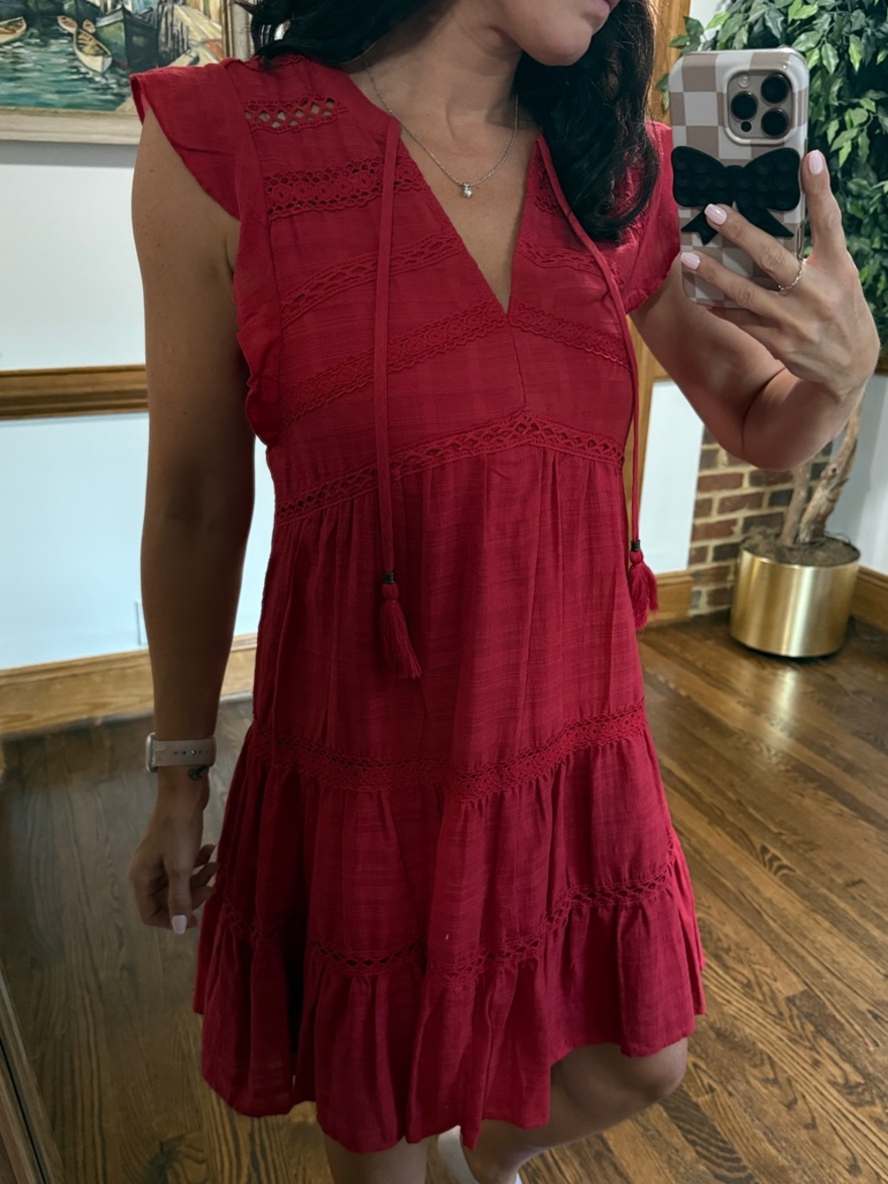 Knox Rose Bright Red Crochet-Inset Tassel Mini Dress